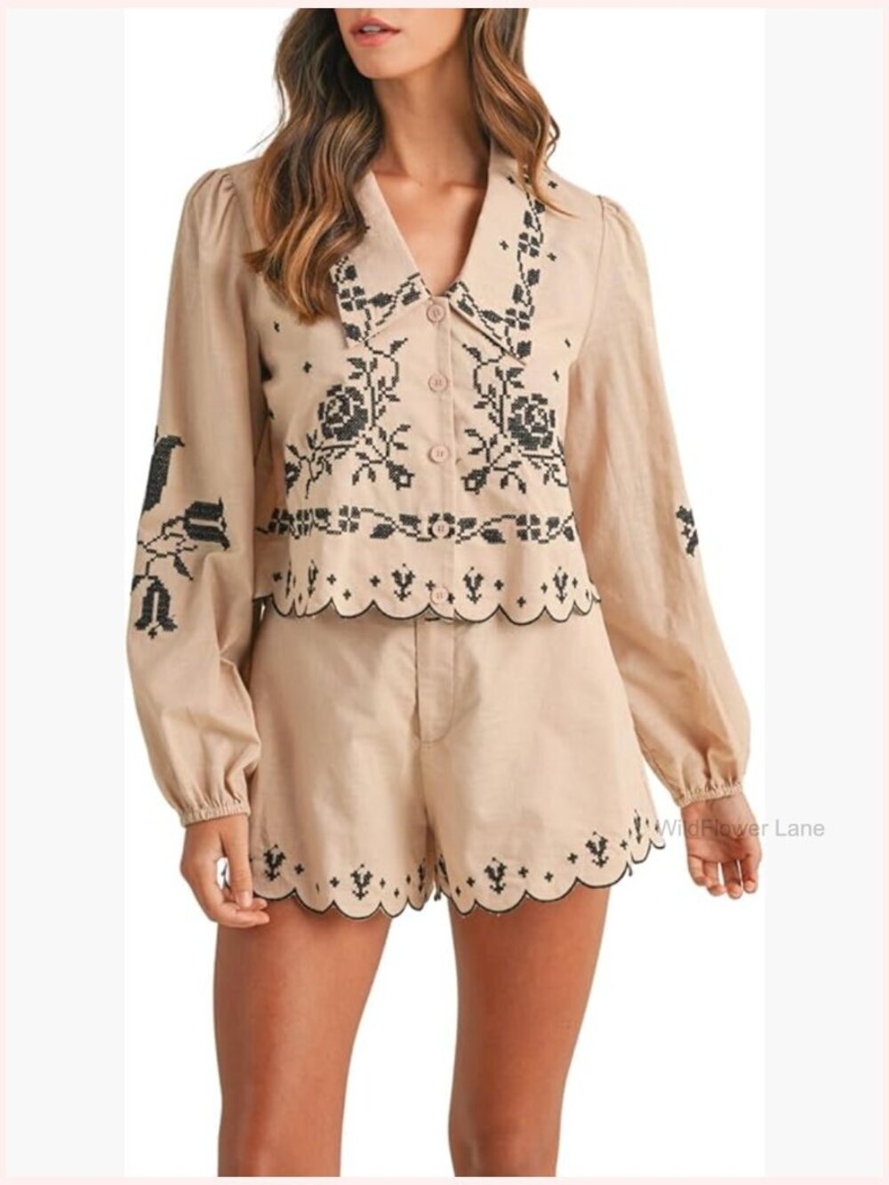 Floral Embroidery 2 Piece Set - Long Sleeve V Neck Top & Shorts Lounge Set